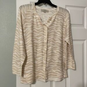 LOFT cream/white animal print slubbed cardigan sweater with ribbed detail